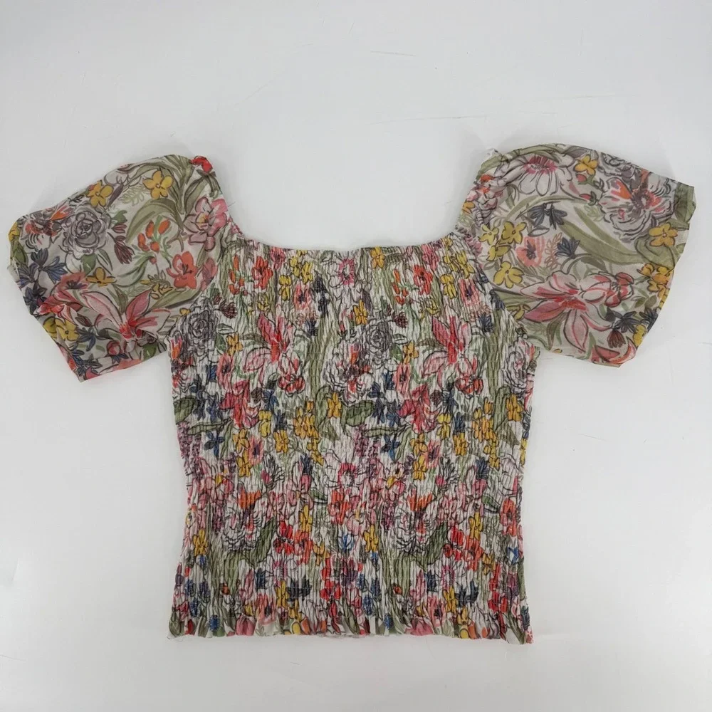 By Anthropologie‎ Aurelia Floral Smocked Mesh Puff Sleeve Top Multi-Color Small